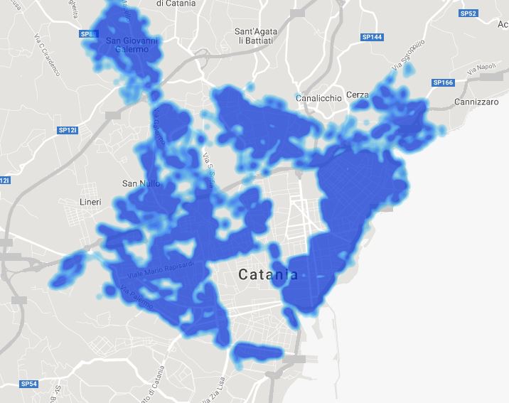 Attuale copertura della fibra ottica FTTH a Catania (dicembre 2017)